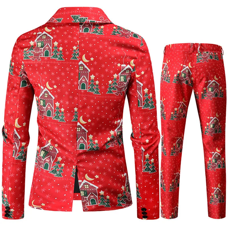 Red Printed Two-piece Men's Christmas Suit (Jacket + Pants) Stylish Male Blazer Coat with Trousers Black Green Blue S-4XL - Good Vibrations