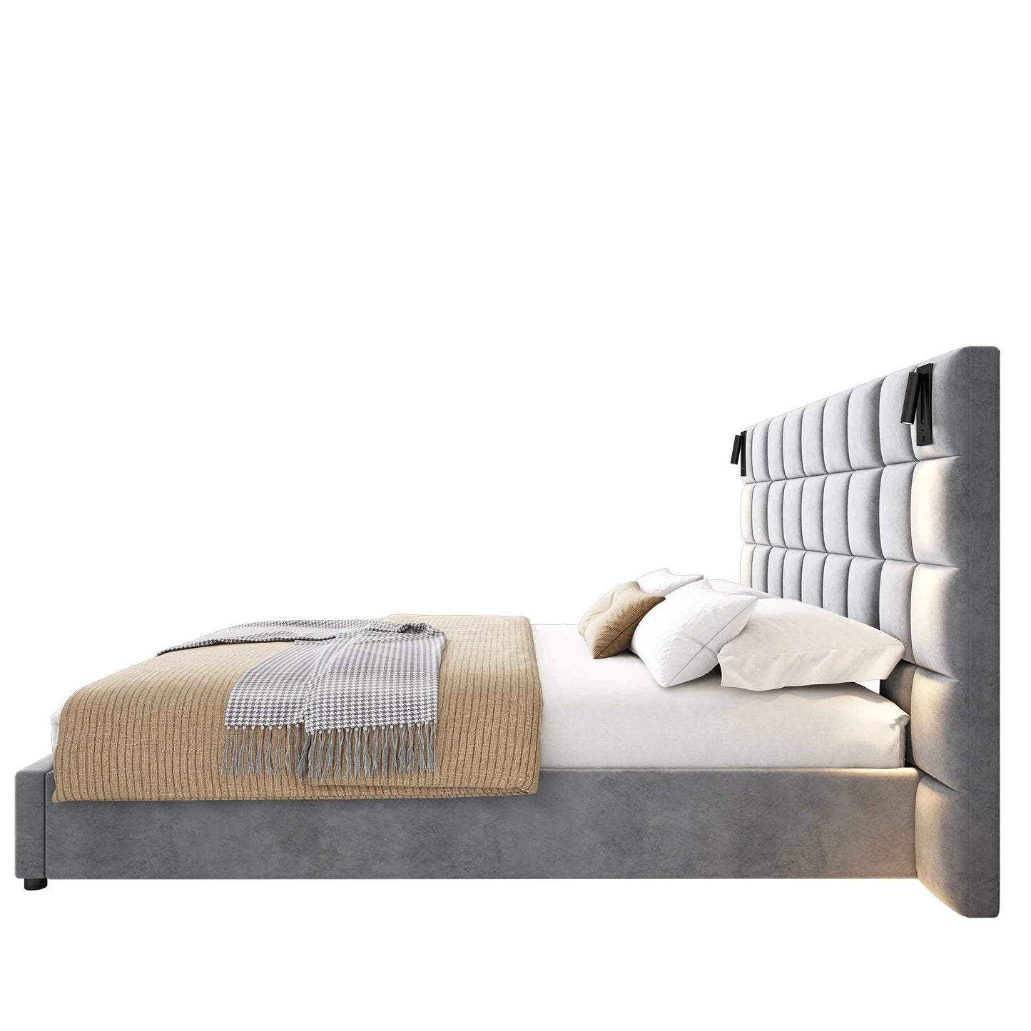 Modern King Bed with Reading Lamp & USB Port Upholstered Wide Headboard in Grey Smart Bed Design Good Vibrations