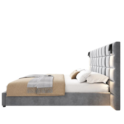 Modern King Bed with Reading Lamp & USB Port Upholstered Wide Headboard in Grey Smart Bed Design Good Vibrations