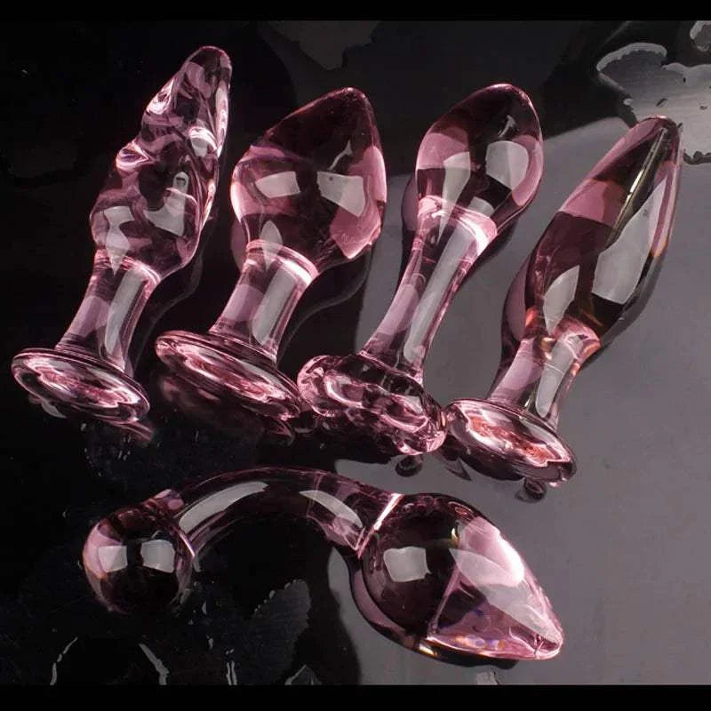 Candiway pink crystal glass anal plug set, smooth and waterproof erotic toys for couples.