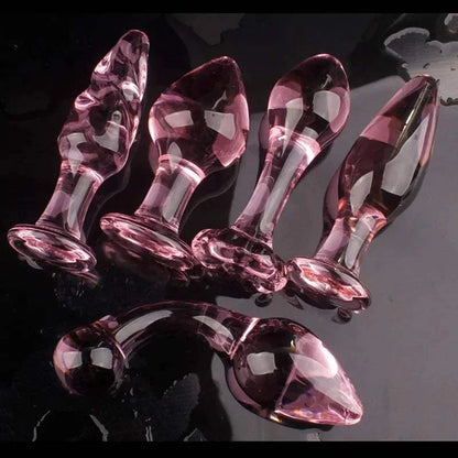 Candiway pink crystal glass anal plug set, smooth and waterproof erotic toys for couples.