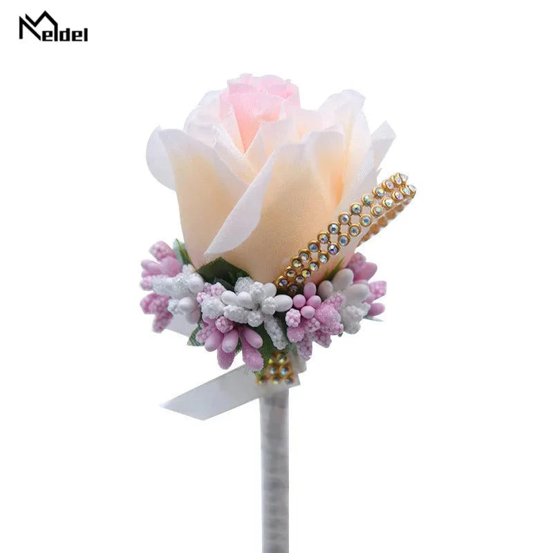 Meldel Wedding Corsages and Boutonnieres Artificial Roses Silk Groom Boutonniere Flower Groomsman Buttonhole Mariage Accessories Good Vibrations