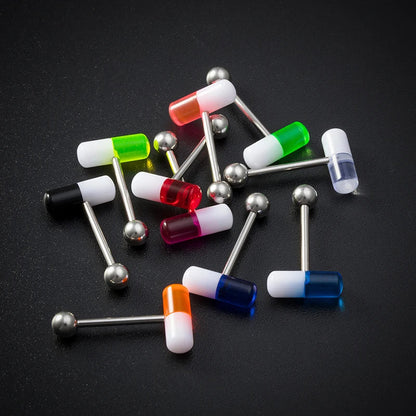 1-10 Pieces Colorful Capsule Tongue Rings Acrylic Pill Tongue Piercing Jewelry Women Surgical Steel Tongue Ring Bars Barbell 14G Good Vibrations