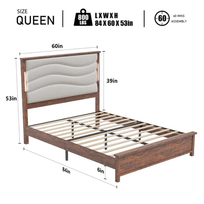 Queen Size Bed Frame with Upholstered Headboard, Charging Station & LED Lights, Wood Slats, Beige Linen,Easy Assembly Good Vibrations