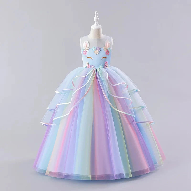 Kids Unicorn Girl Dresses Flower Appliques Princess Dresses Children Wedding Birthday Party Costume Evening Formal Gown Good Vibrations