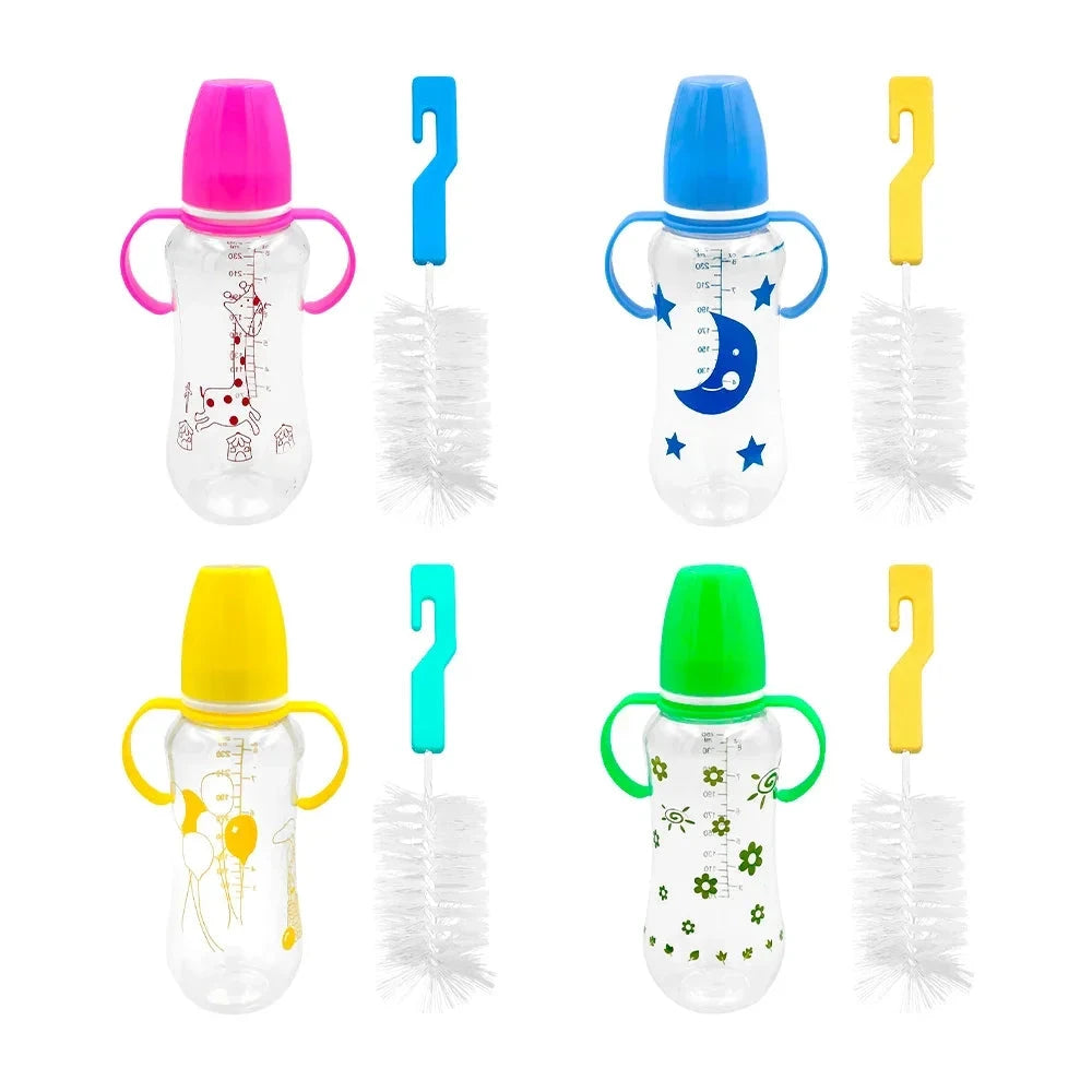 GDL Manual 250ml Plastic Baby Bottle with Plastic Bristle Brush Variety of Colors and Prints Water Flowing Through Nipple Good Vibrations