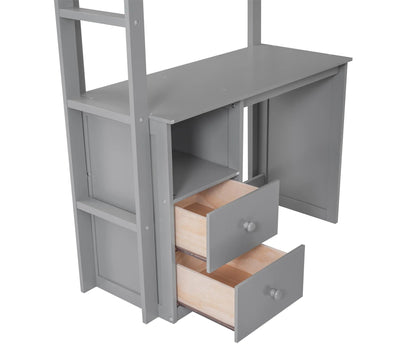 Wood Twin Size Loft Bed With Wardrobes and 2-Drawer Desk With Cabinet in Gray Color Good Vibrations