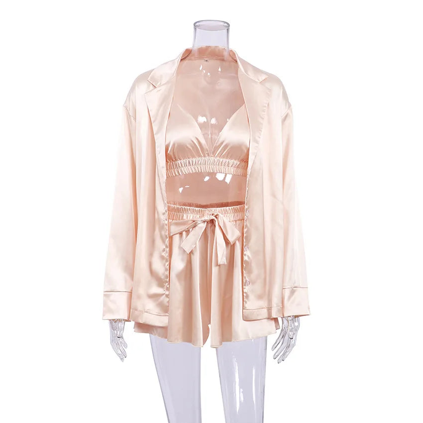 Enyami Elegant Spring Autumn Sexy Fashion Romantic Pajama 3 Piece Bra Blouse Shorts Satin Sleepwear Women Set Good Vibrations