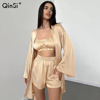 QINSI Sexy Bathrobe Silk Pajamas for Women Three Pieces Bra Robes Women Set Sleepwear Long Sleeved Satin Sexy Nightwear Good Vibrations