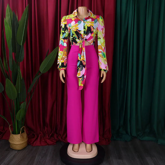Two Piece Set Women Clothing Print Polo Collar Long Sleeve Shirt Top + Wide Leg Pants 2 Piece Set Women Outfits for Women Good Vibrations