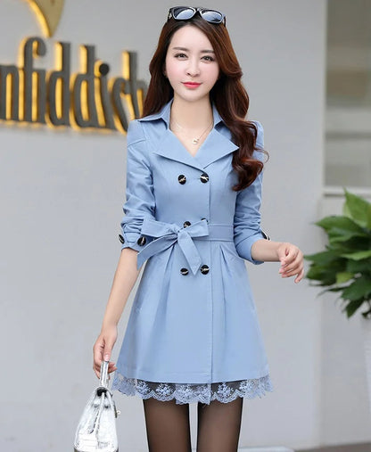Fashion Double Breasted Windbreaker Spring Autumn Coats Women's Trench Coat Mid-Long Lace Stitching Casual Outerwear Female Good Vibrations