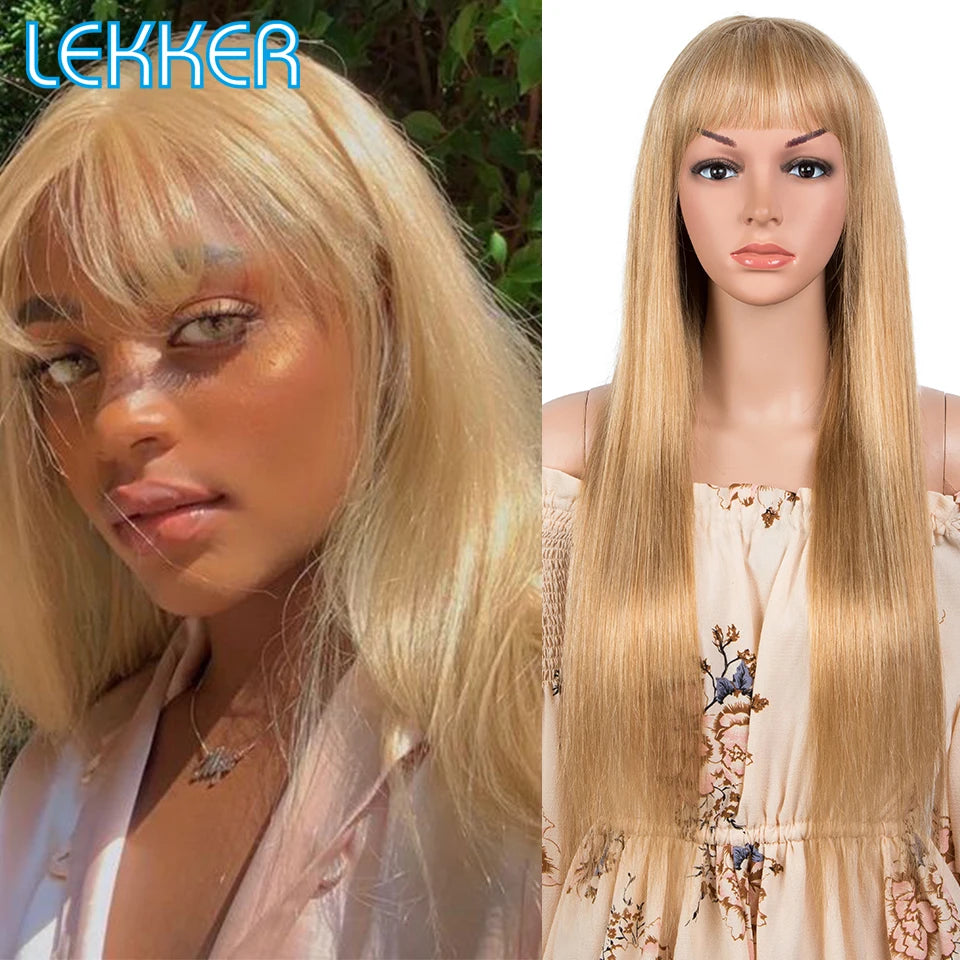 Lekker Highlight Brown Blonde 613 Straight Human Hair Wig With Air Bangs For Women Brazilian Remy Hair Colored Glueless Wigs Good Vibrations