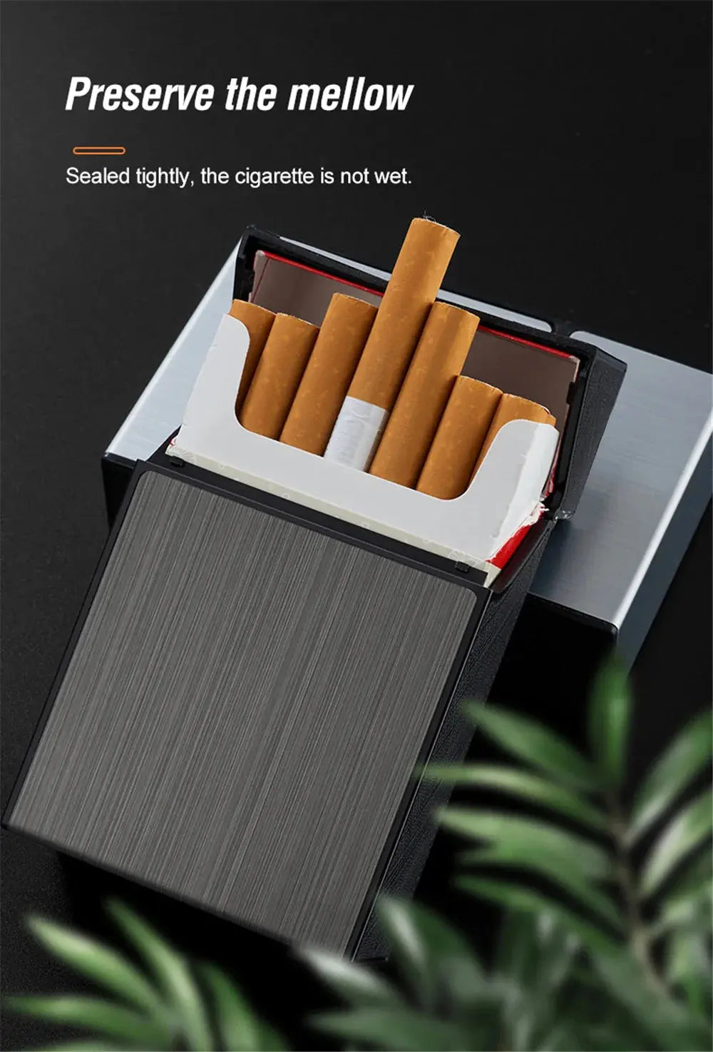 Portable metal cigarette case holding open pack, preserving freshness.