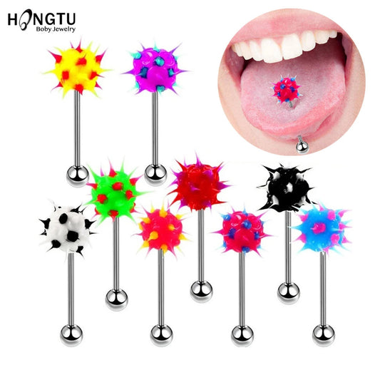 HONGTU 5Pcs Tongue Rings Mixed Color Silicone Ball Tongue Piercing Barbell For Women Stainless Steel Body Piercing Jewelry 14G Good Vibrations