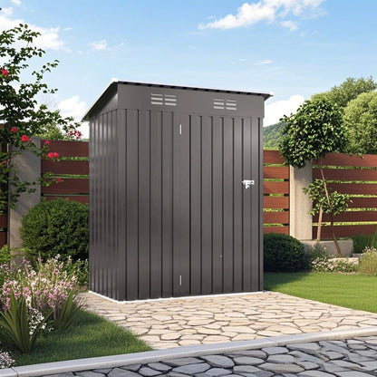5X3 FT Garden Metal Outdoor Storage Shed Steel Frame with Pitched Roof Lockable Door Compact Metal Tool Room for Backyard Patio Good Vibrations