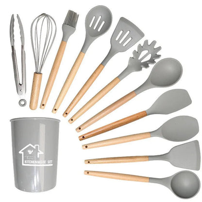 2022 Christmas Gift Food Grade Silicone Cutlery Set Wooden Handle Kitchen Gadgets Kid With Spatula Spoon Spaghetti Server Laddle Good Vibrations