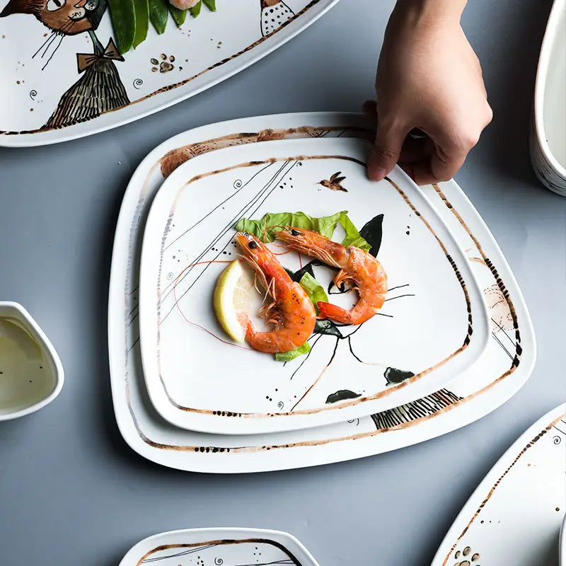 Cute Cartoon Cat Ceramic Tableware Household Soup Noodle Bowls Fruit Steak Food Plate Dishes Creative Porcelain Dinnerware Good Vibrations