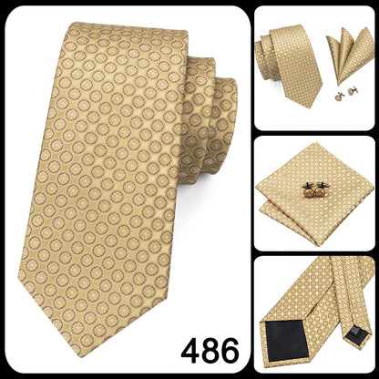 Hi-Tie Champagne Gold Striped Paisley Solid Men Silk Wedding Tie Fashion Design Necktie For Men Hanky Cufflink Business Party Good Vibrations