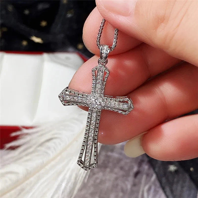 Huitan Hip Hop Cross Necklace for Women with Dazzling CZ Stone Luxury Silver Color Cool Neck Accessories Party Trendy Jewelry Good Vibrations