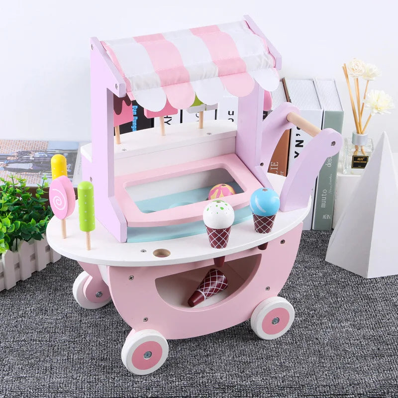 Children's Wood Trolley Playhouse Ice Cream Vending Machine Pretend Play Set Kids' Role Shopping Cart Toy Good Vibrations