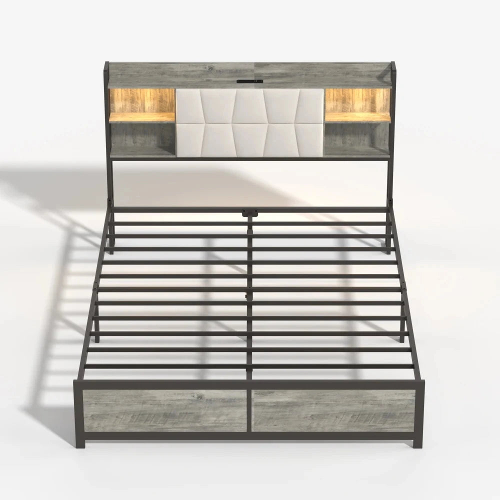 Queen Size Bed Frame with LED Light & Power Outlet, Platform Bed with Upholstered Headboard and Storage Good Vibrations
