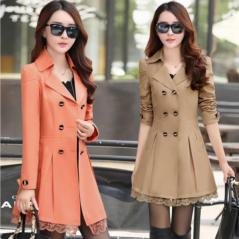 Fashion Double Breasted Windbreaker Spring Autumn Coats Women's Trench Coat Mid-Long Lace Stitching Casual Outerwear Female Good Vibrations