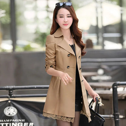 Fashion Double Breasted Windbreaker Spring Autumn Coats Women's Trench Coat Mid-Long Lace Stitching Casual Outerwear Female Good Vibrations
