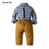 Top and Top Boys Clothing Sets Springs Autumn New Kids Boys Long Sleeve Plaid Bowtie Tops+Suspender Pants Casual Clothes Outfit Good Vibrations