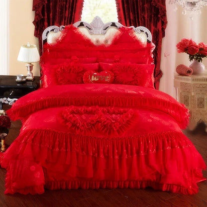 Luxury Wedding Bedding Sets Queen King Size Pink Princess Lace Bedcover Set Jacquard Duvet Cover Bed Sheet Pillowcases Good Vibrations