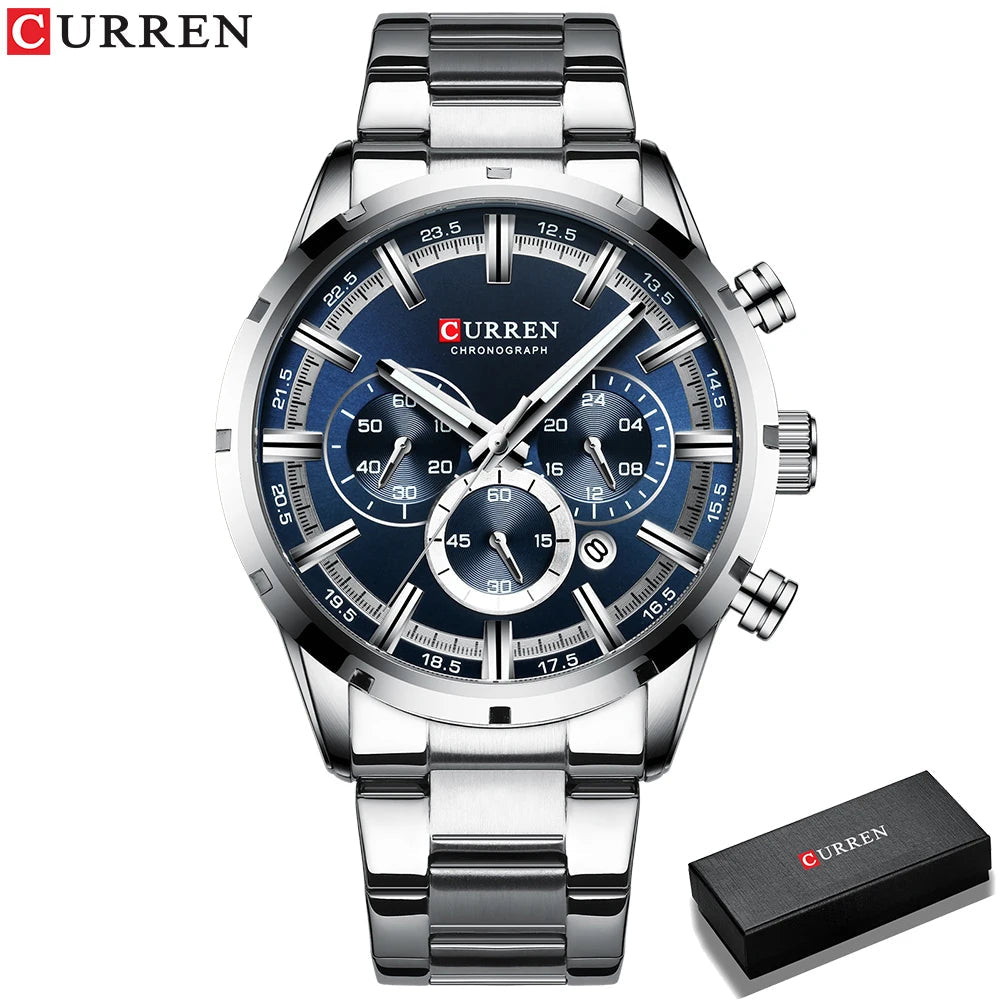 Curren Men's Watch Blue Dial Stainless Steel Band Date Mens Business Male Watches Waterproof Luxuries Men Wrist Watches for Men Good Vibrations
