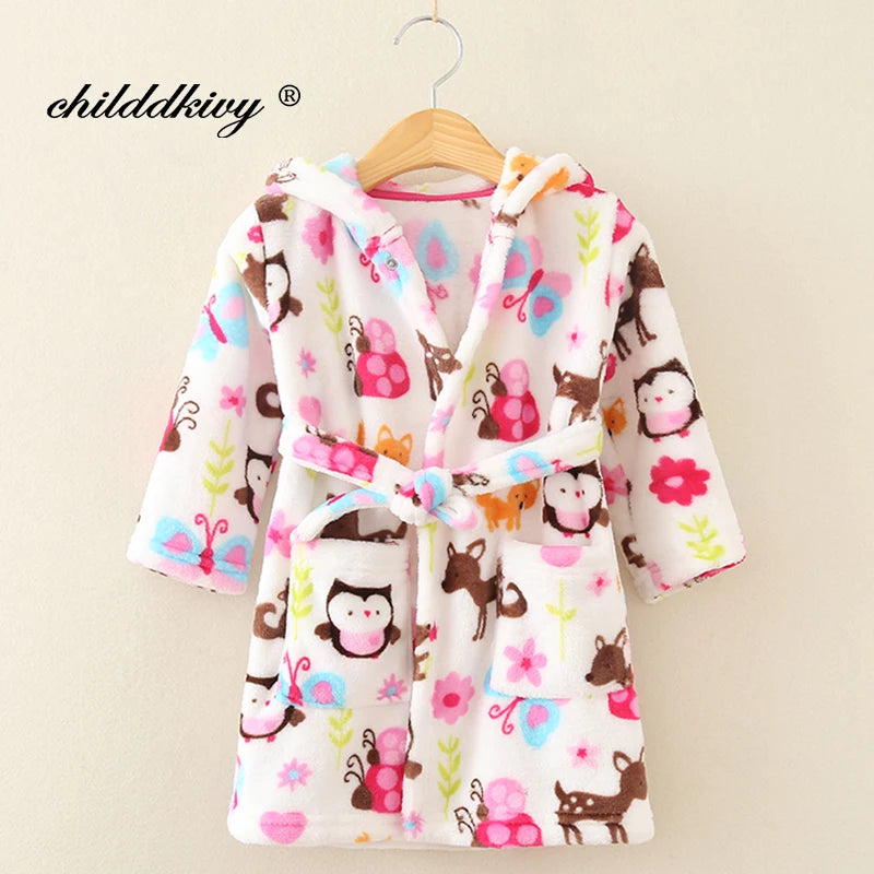 Boy and Girls Flannel Pajamas Robe Autumn and Winter Children Sleepwear Soft Hooded Kids Homewear 2-8 Years Good Vibrations