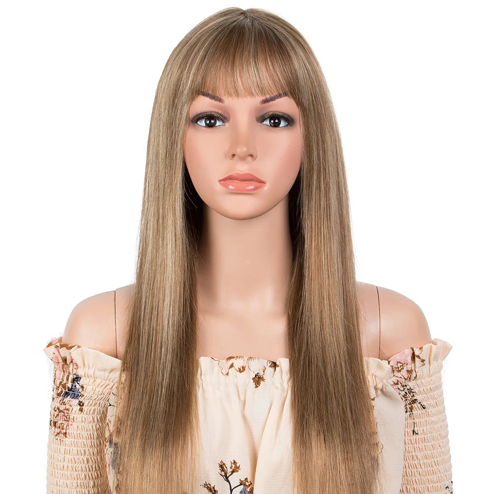 Lekker Highlight Brown Blonde 613 Straight Human Hair Wig With Air Bangs For Women Brazilian Remy Hair Colored Glueless Wigs Good Vibrations