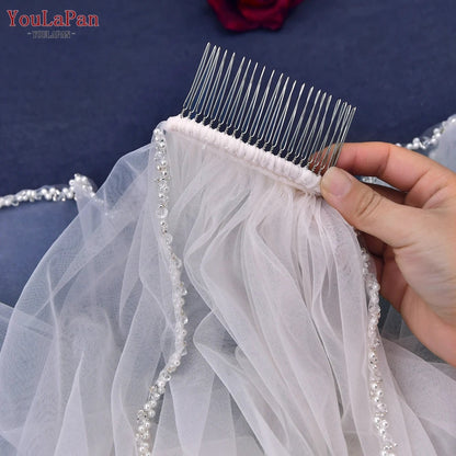 YouLaPan V175 R Fashion Bridal Beaded Veil Fingertips Long Crystal Pearl Trim Short Single Layer Veil Ivory Church Wedding Veil Good Vibrations