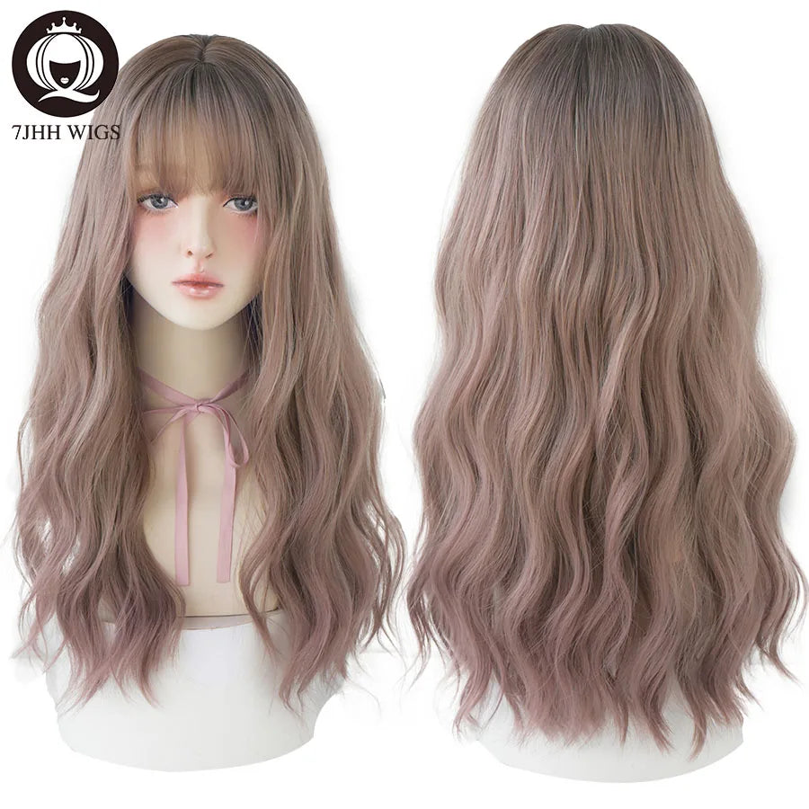 7JHHWIGS Long Wavy Synthetic Black Wigs For Women With Fringe Fashion Heat Resistant Mid-Length Daily Straight Light Brown Hair Good Vibrations