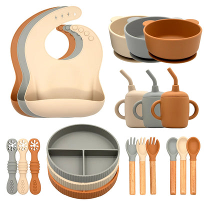 Custom Wholesale Supplies Nursing Weaning Products Silicone Baby Feeding Set Silicone Plate Bowl Spoon Tableware Good Vibrations