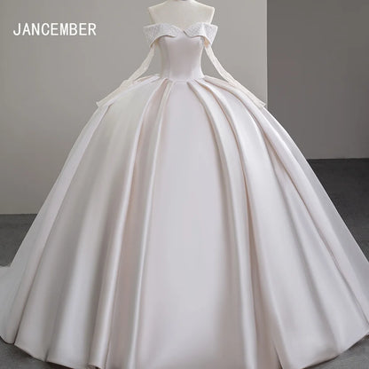 Luxury Satin Wedding Dress Court Train Elegant Boat Neck Princess Wedding Gown Plus Size Custom Made Sfy42