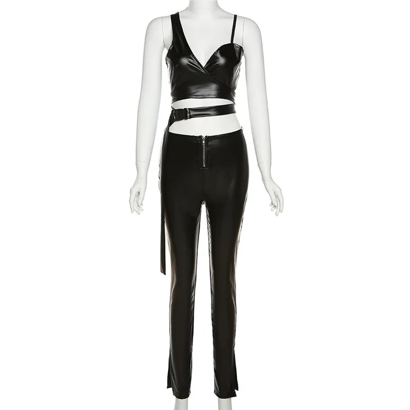 WY7658 New Arrivals Pu Leather Bandage Tops Flare Pant Set Women Outfits Two Piece Pant Set Good Vibrations