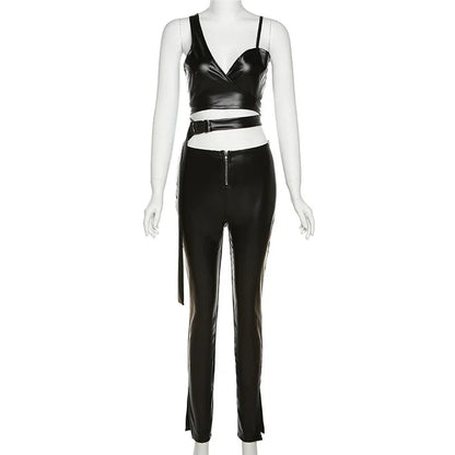 WY7658 New Arrivals Pu Leather Bandage Tops Flare Pant Set Women Outfits Two Piece Pant Set Good Vibrations
