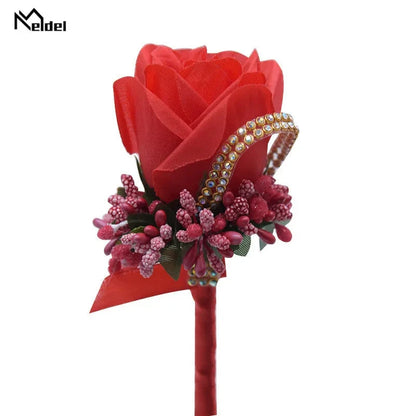 Meldel Wedding Corsages and Boutonnieres Artificial Roses Silk Groom Boutonniere Flower Groomsman Buttonhole Mariage Accessories Good Vibrations