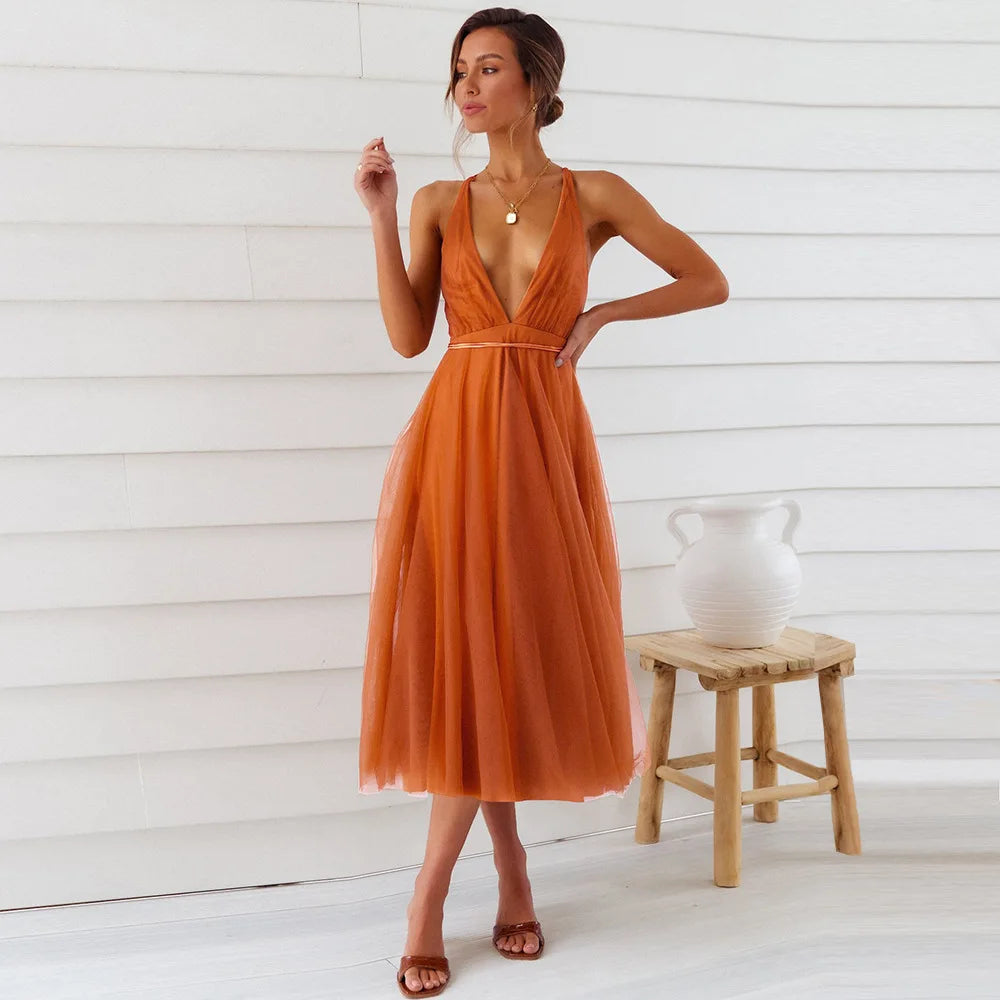 Wholesale Women Summer Slip Dresses Sleeveless Europe Sexy V-Neck Backless Mesh Bridesmaid Party Casual Dress Good Vibrations