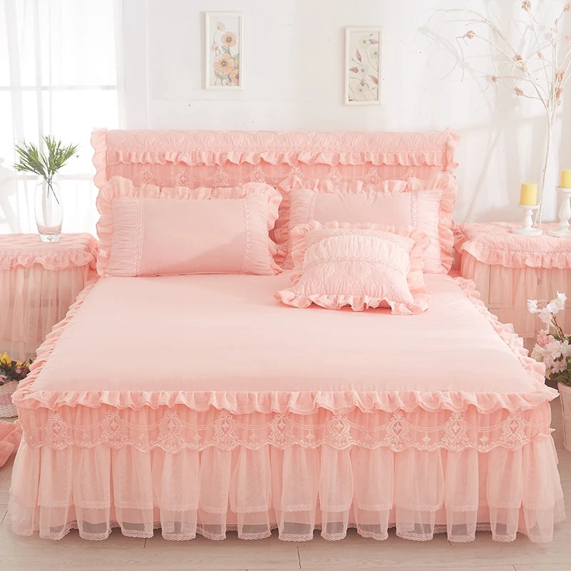 Princess 1 Piece Lace Bed Skirt + 2 Piece Pillowcases Bedding Bedspreads Sheet Pink Lace Bedding Set Bed For Girl Bed Cover