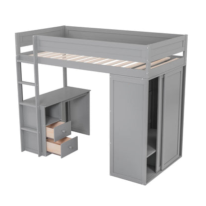 Wood Twin Size Loft Bed With Wardrobes and 2-Drawer Desk With Cabinet in Gray Color Good Vibrations