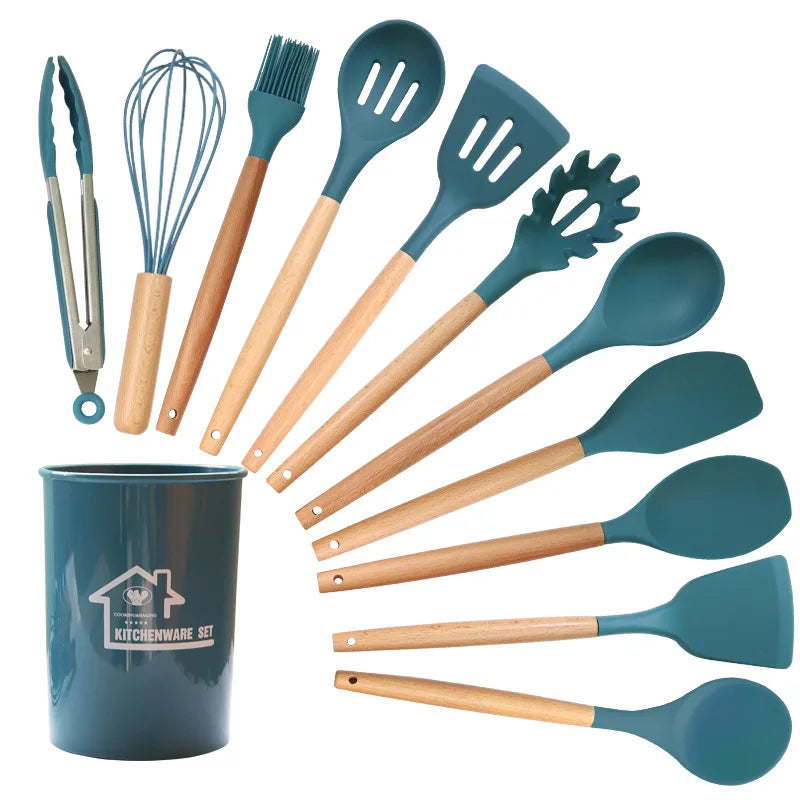 2022 Christmas Gift Food Grade Silicone Cutlery Set Wooden Handle Kitchen Gadgets Kid With Spatula Spoon Spaghetti Server Laddle Good Vibrations