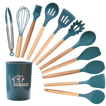 2022 Christmas Gift Food Grade Silicone Cutlery Set Wooden Handle Kitchen Gadgets Kid With Spatula Spoon Spaghetti Server Laddle Good Vibrations