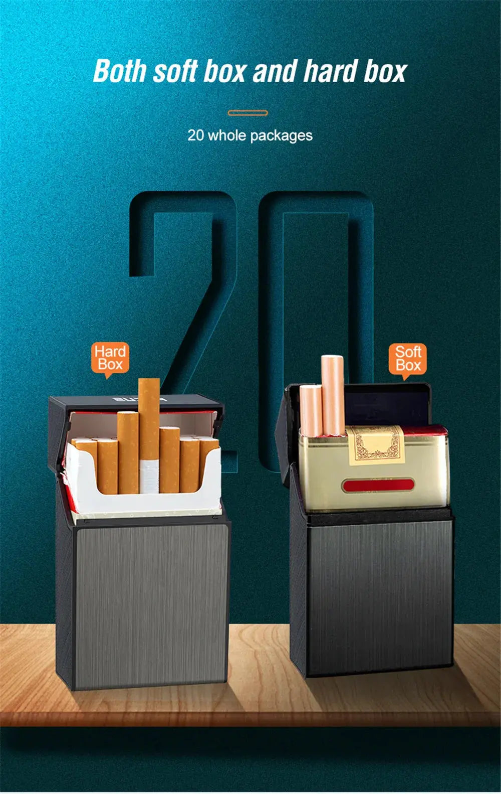 Portable cigarette case with 20-piece capacity, hard and soft box options.