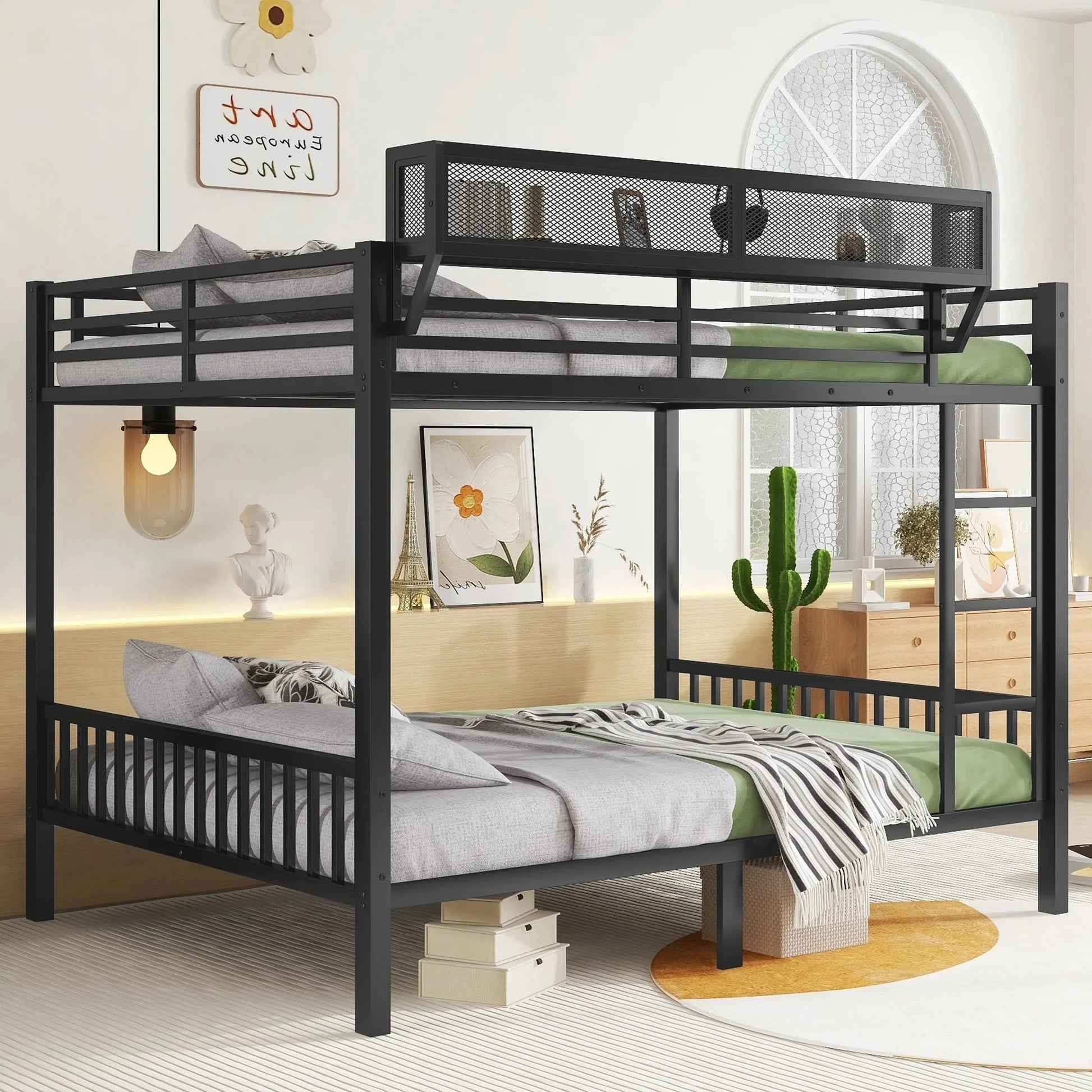 Modern Black Over Queen Metal Bunk Bed with Adjustable Ladder and Slats for Adults and Teens Good Vibrations