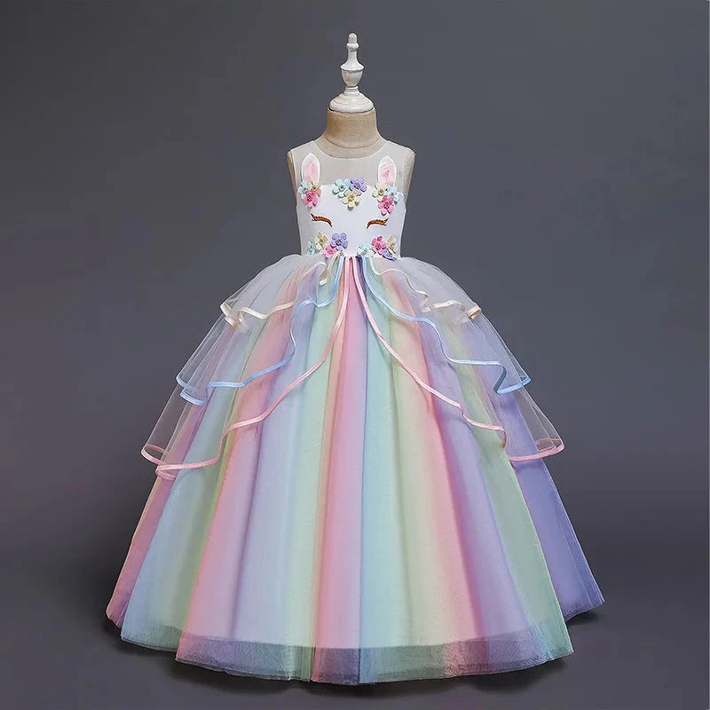 Kids Unicorn Girl Dresses Flower Appliques Princess Dresses Children Wedding Birthday Party Costume Evening Formal Gown Good Vibrations
