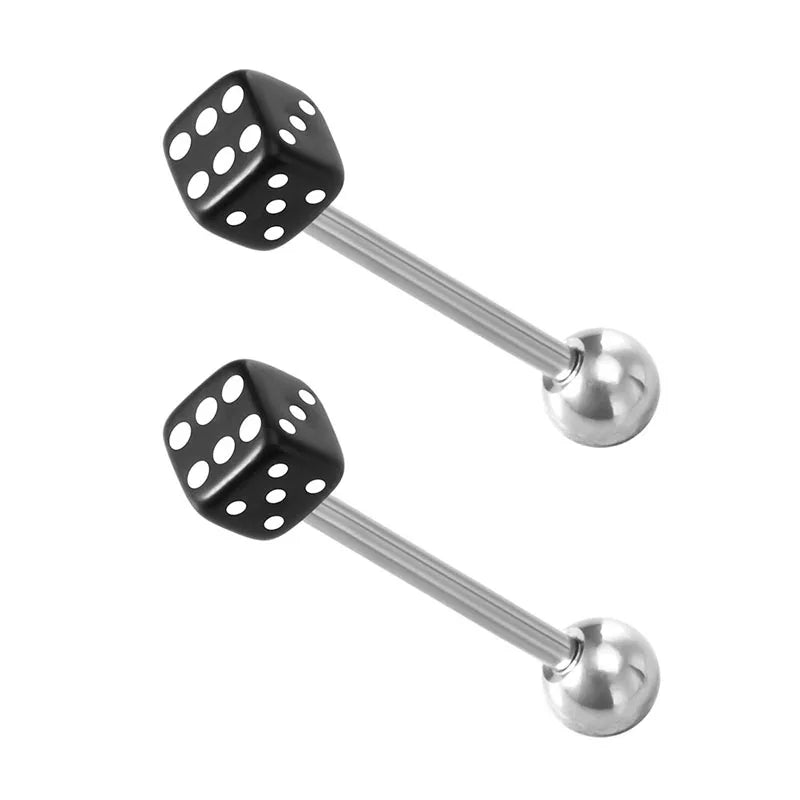 2pcs Good Luck Dice Tongue Ring Surgical Steel Tongue Piercing Barbell Colorful Labret Stud Bar for Women Men Body Jewelry 14G Good Vibrations