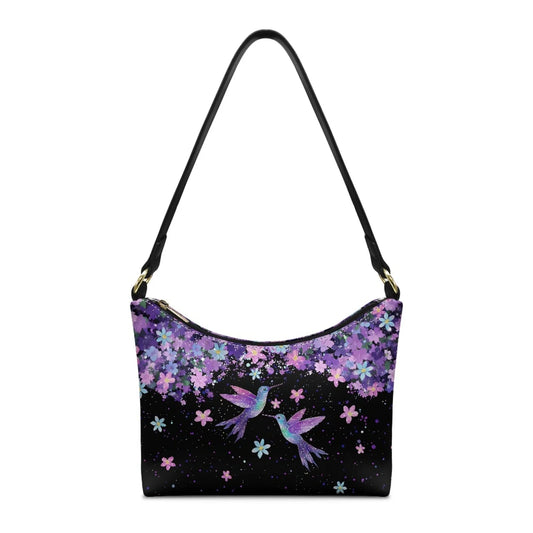 Nice Purple Flowers Birds Print Women's Single Shoulder Bag Fashionable Underarm Design Zip Portable All-Match Mother's Day Gift Good Vibrations