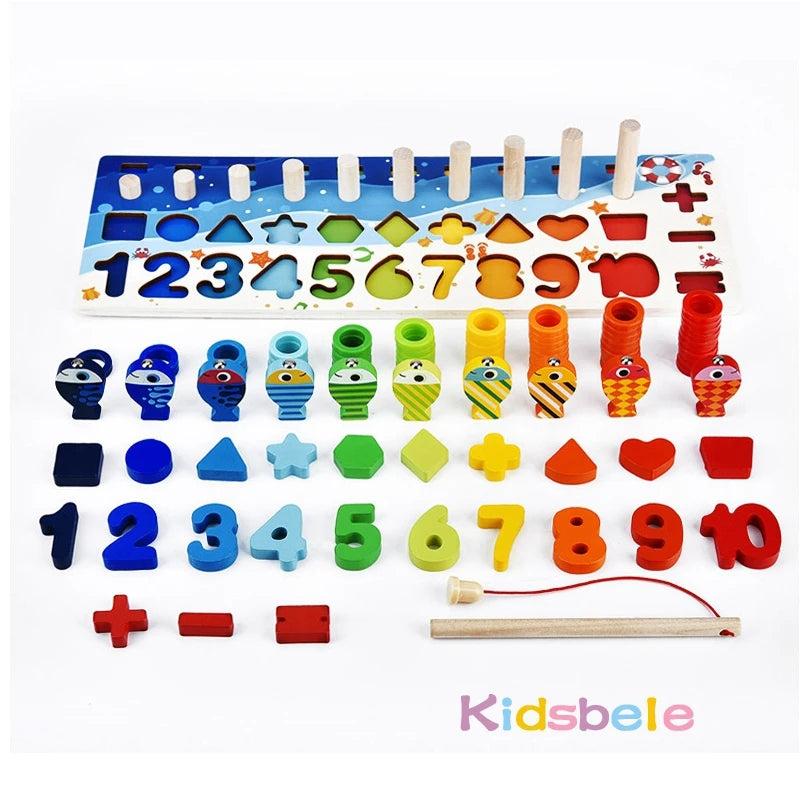 Kids Montessori Math Toys For Toddlers Educational Wooden Puzzle Fishing Toys Count Number Shape Matching Sorter Games Board Toy Good Vibrations